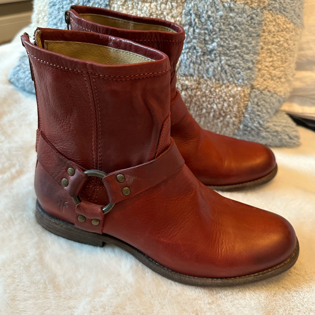 Frye Size 8 Red Leather Moto Boot. Back Zip. Worn Once For Event.
